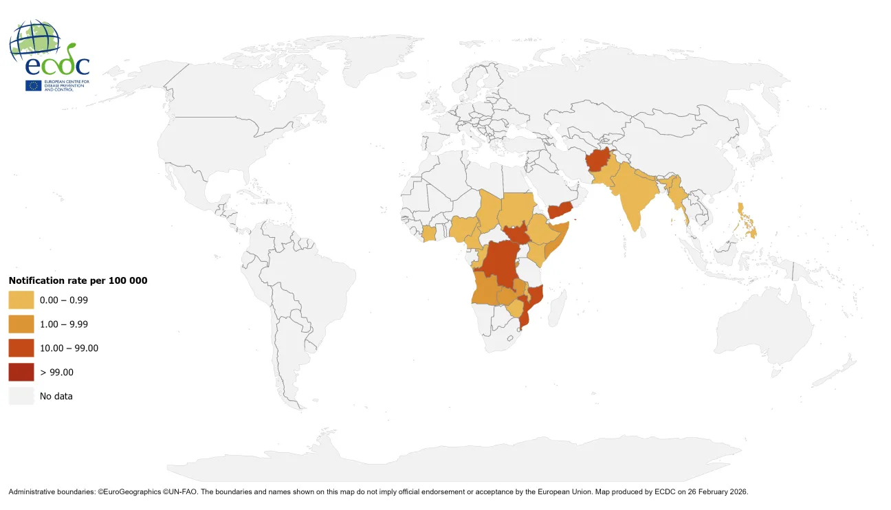 Geographical distribution of cholera cases reported worldwide from December 2025 to February 2026