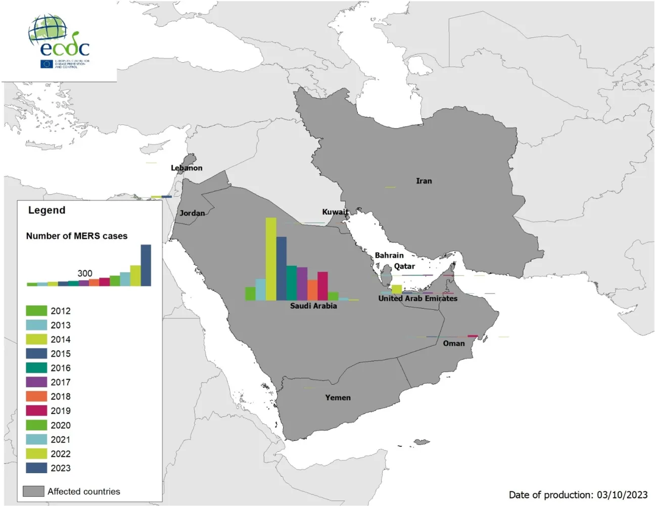 Geographical distribution of confirmed cases of MERS-CoV, by country of infection and year, from April 2012 to August 2023
