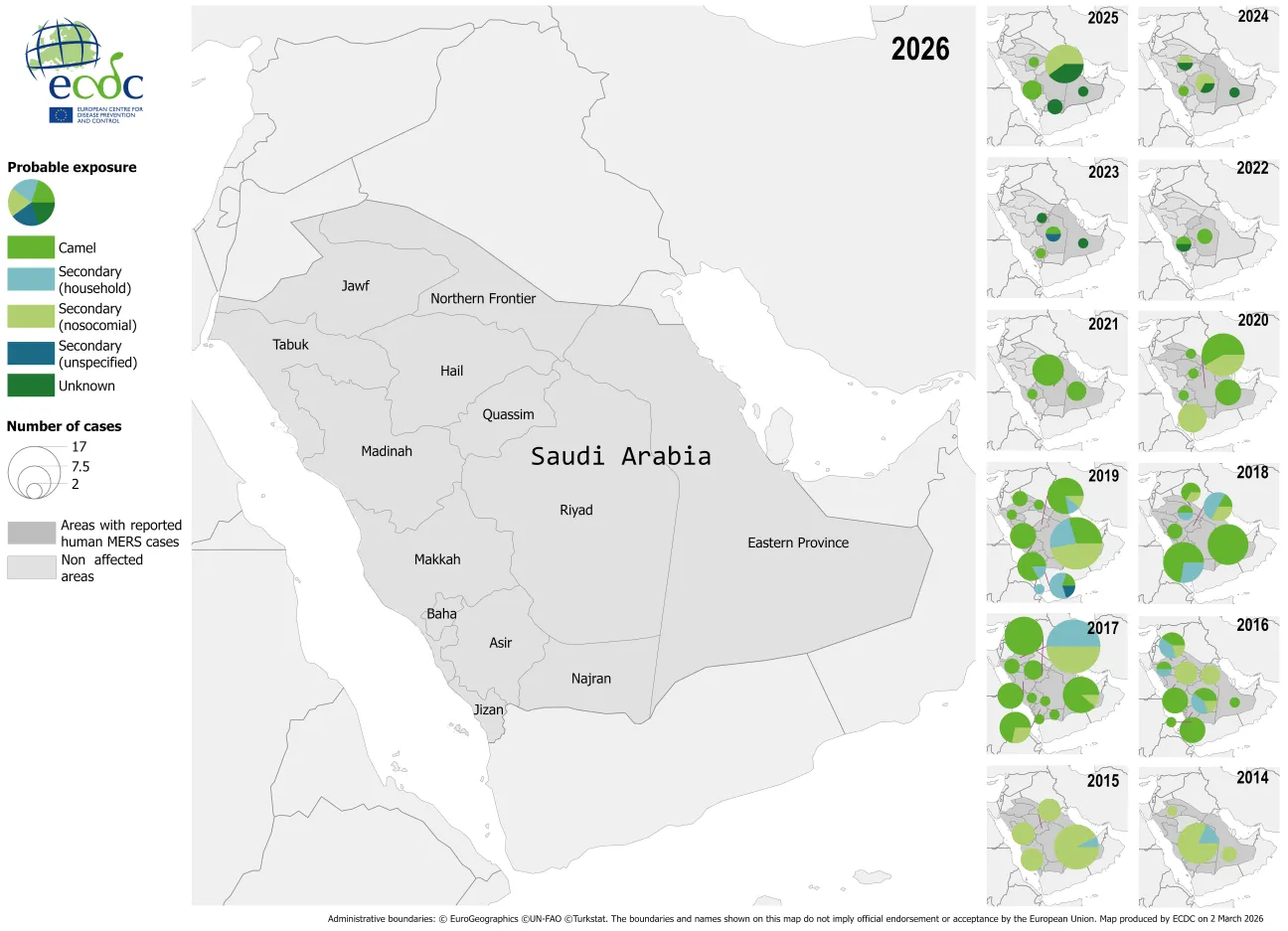 Geographical distribution of confirmed cases of MERS in Saudi Arabia by probable region of infection and exposure, with dates of onset from January 2014 to February 2026