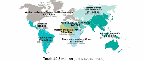 Map showing number of adults and children estimated to be living with HIV in 2024