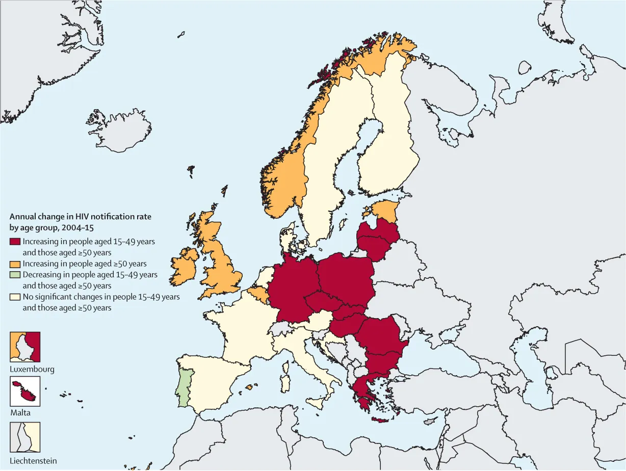 Annual change in HIV notification rate by age group, 2004-2015