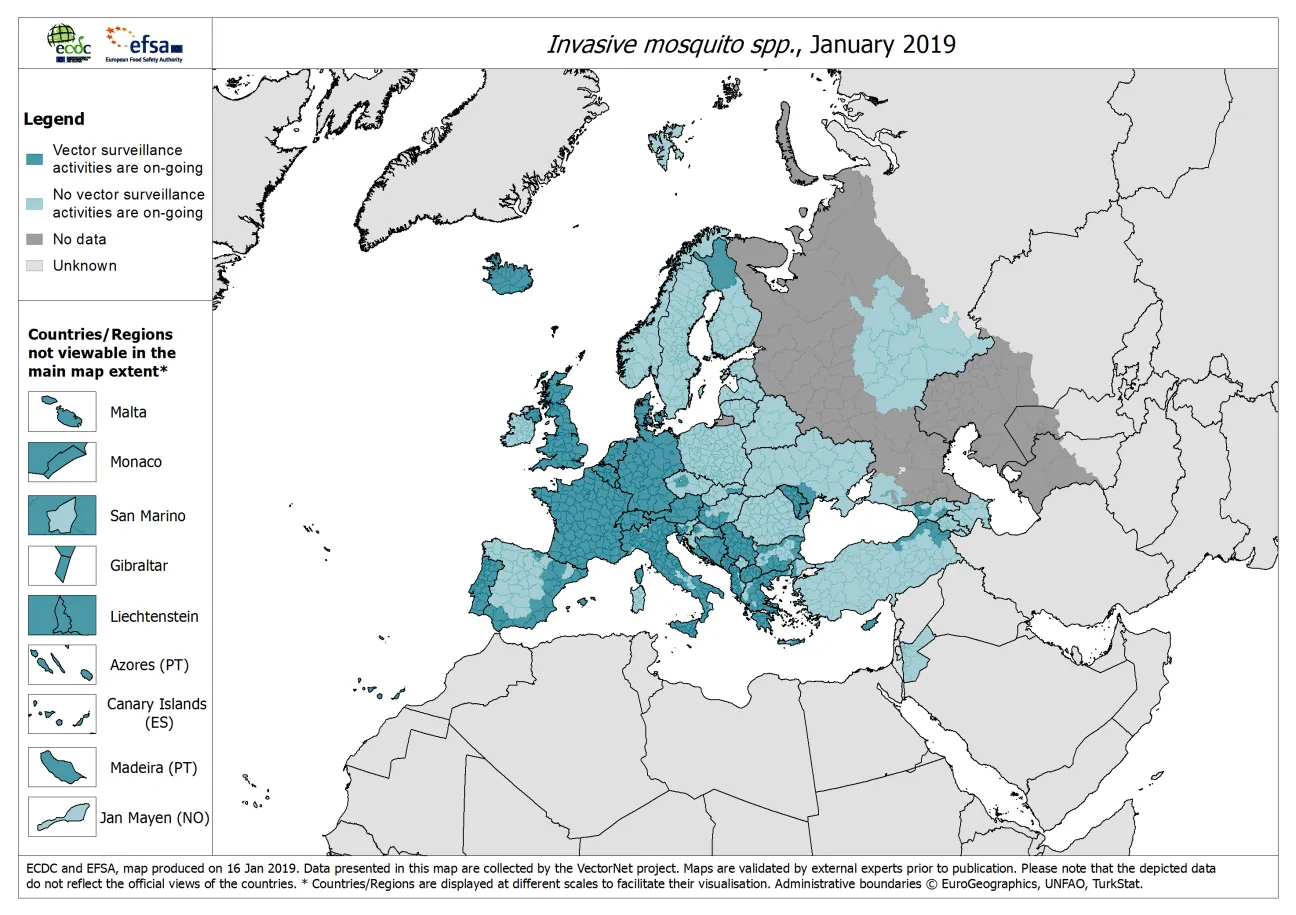 Invasive mosquito spp. - current known surveillance: January 2019