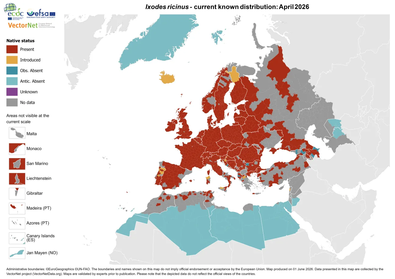 Ixodes ricinus - current known distribution: April 2026.png