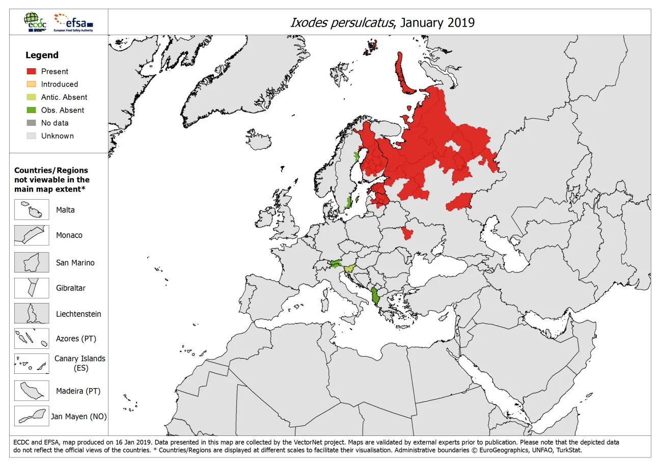 Map: Ixodes persulcatus - current known distribution: January 2019