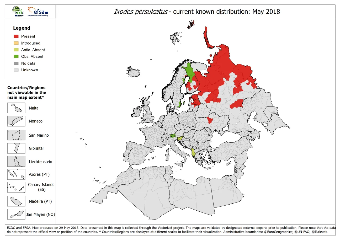 Map showing the current known distribution of Ixodes persulcatus ticks in Europe as of May 2018