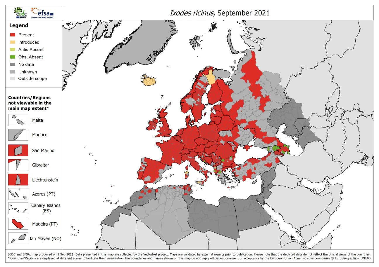 Ixodes ricinus - current known distribution: September 2021