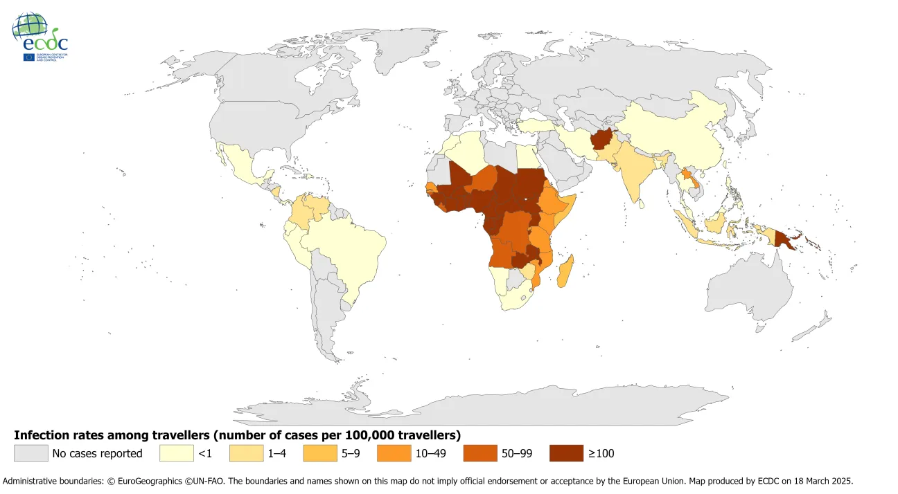 Rates of malaria infection among 100 000 travellers arriving in the EU/EEA, per country of infection, 2023 