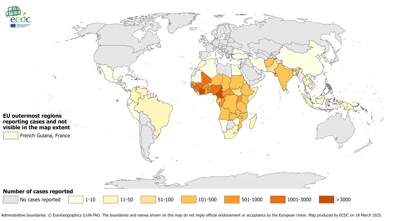 Travel-associated malaria cases reported to ECDC, by place of infection, 2019–2023