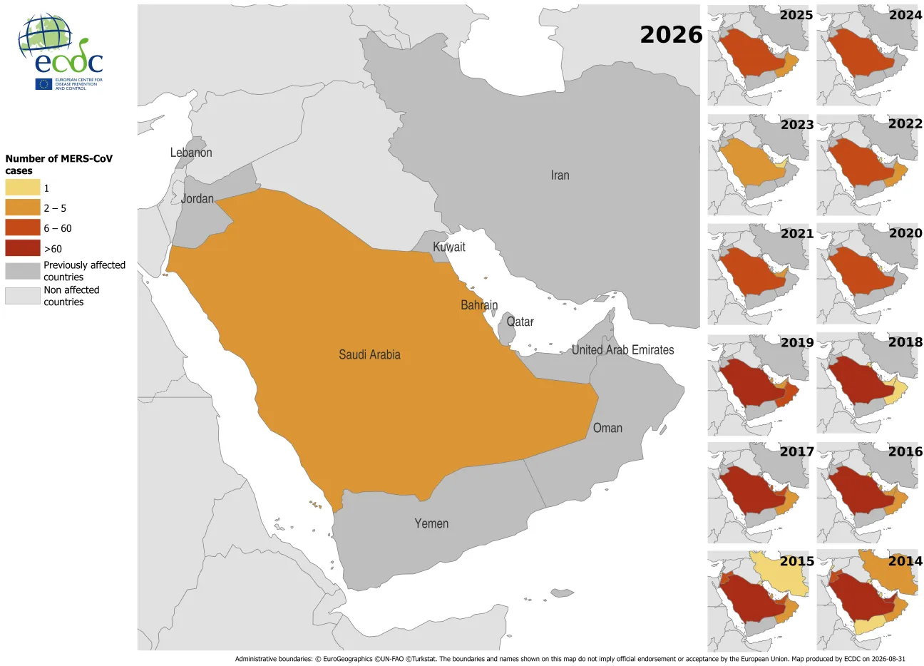 Distribution of confirmed cases of MERS by place of infection and year of onset, January 2014 to August 2026