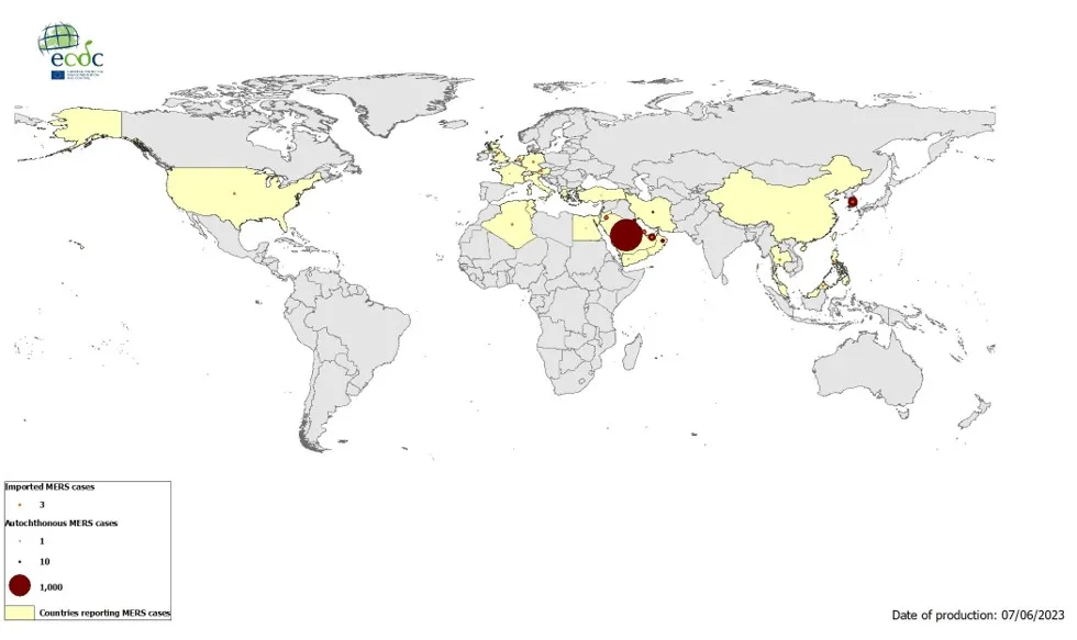 Geographical distribution of confirmed cases of MERS-CoV, by reporting country, April 2012 – May 2023