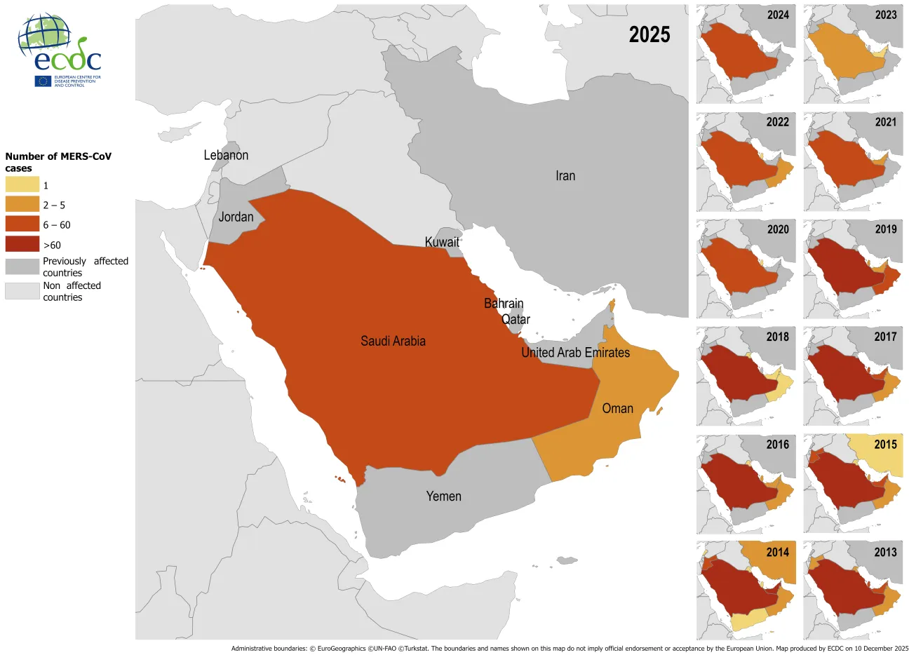 Distribution of confirmed cases of MERS by place of infection and year of onset, January 2013 – November 2025