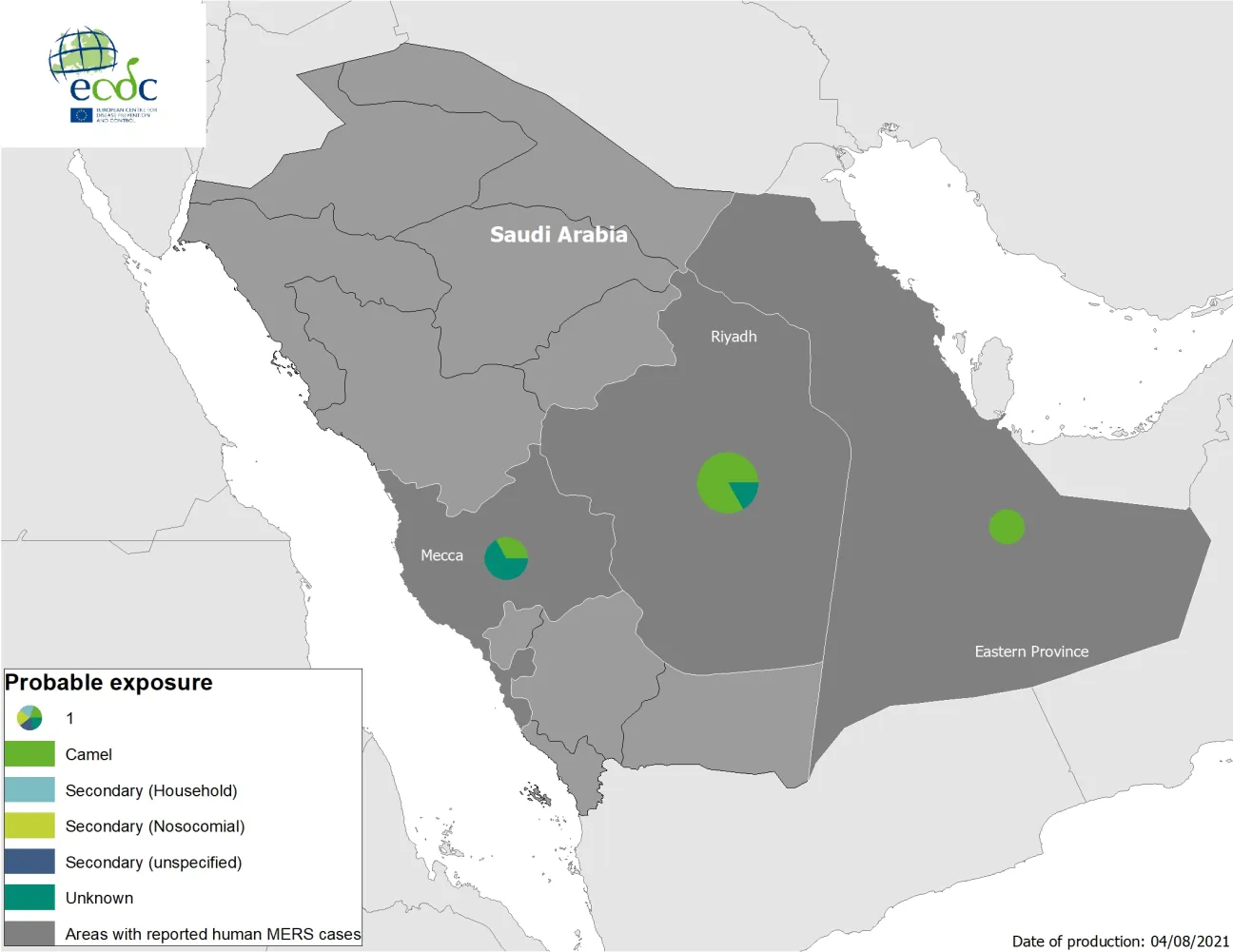Geographical distribution of confirmed MERS-CoV cases, 1 January 2021 to 4 August 2021