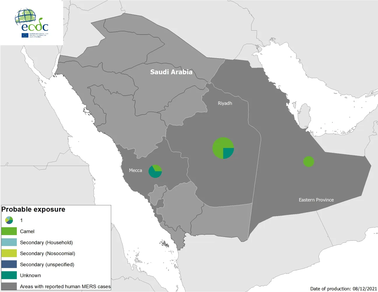 Geographical distribution of confirmed MERS-CoV cases, 1 January 2021 to 6 December 2021