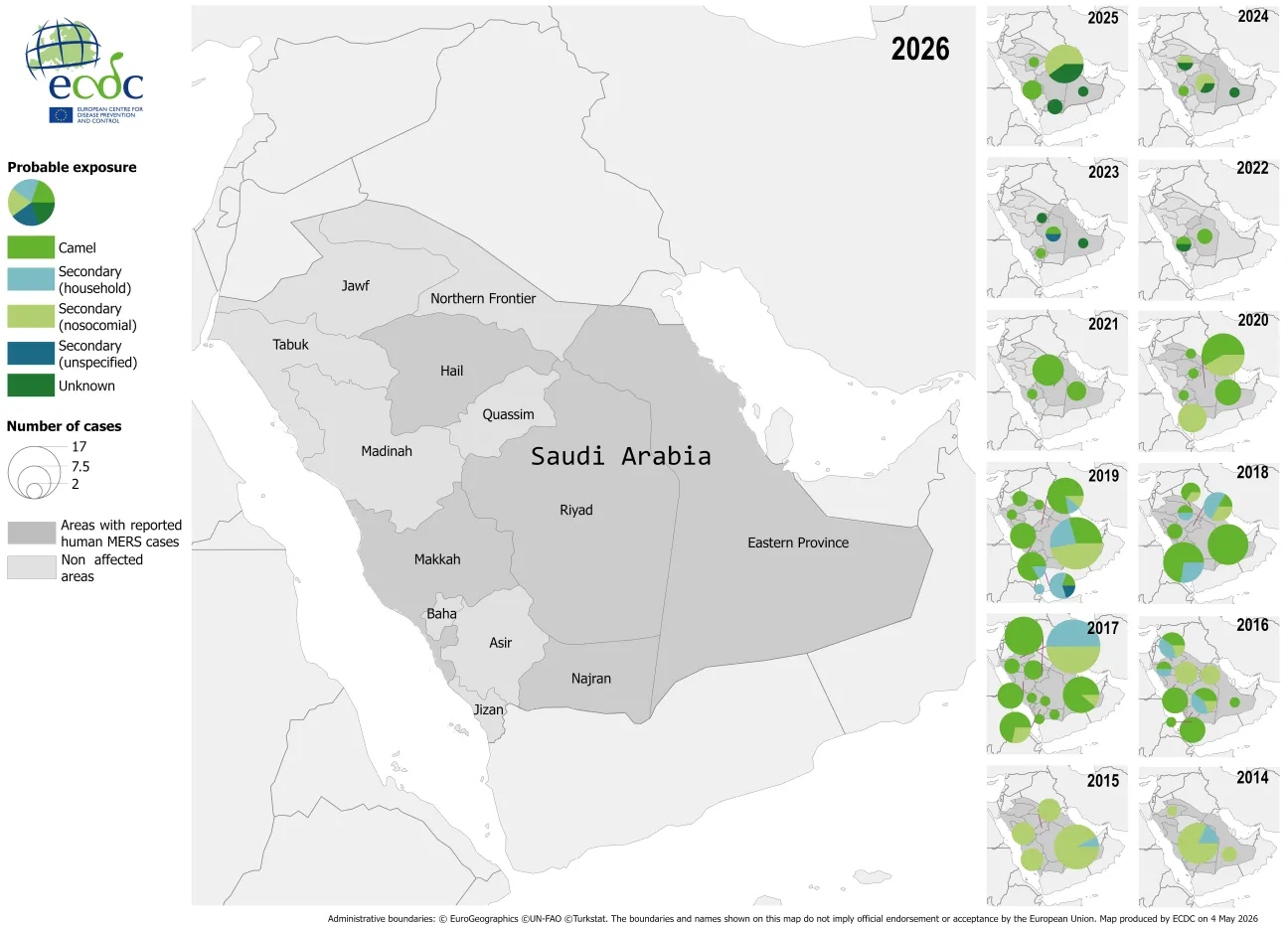  Geographical distribution of confirmed cases of MERS in Saudi Arabia by probable region of infection and exposure, with dates of onset from January 2014 to April 2026