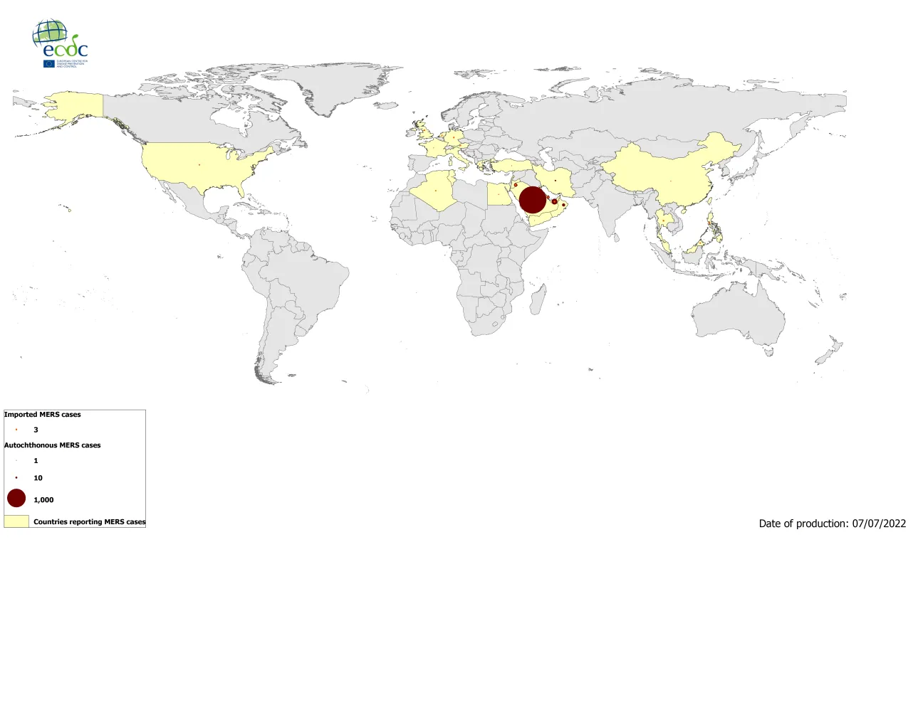 Geographical distribution of confirmed MERS-CoV cases by reporting country from April 2012 to 5 July 2022