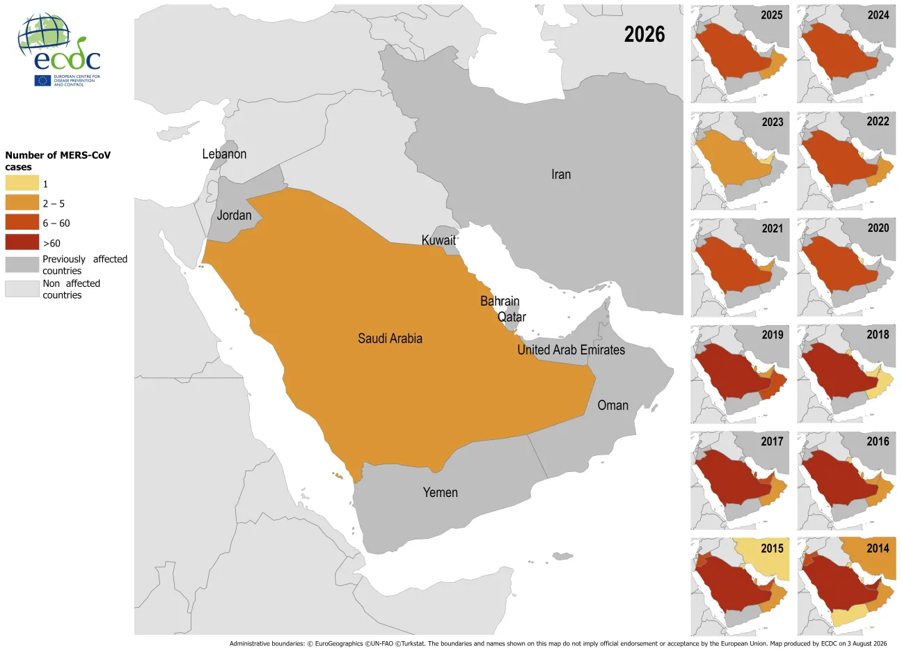 Distribution of confirmed cases of MERS by place of infection and year of onset, January 2014 – July 2026