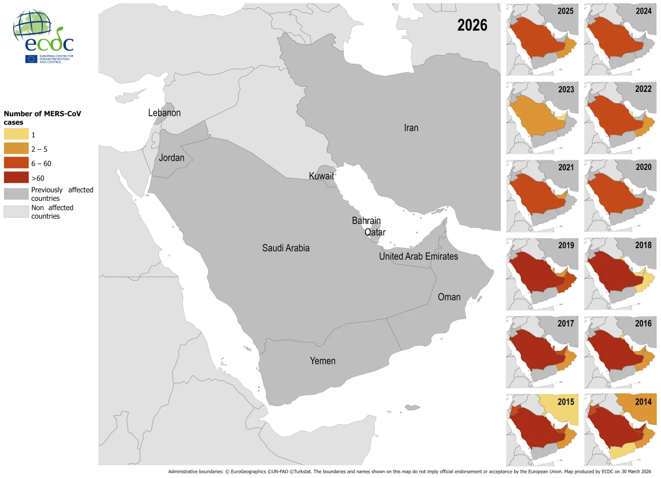 Distribution of confirmed cases of MERS by place of infection and year of onset, January 2014 to March 2026