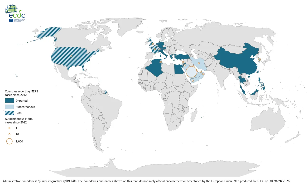 Geographical distribution of confirmed cases of MERS by reporting country, April 2012 to March 2026