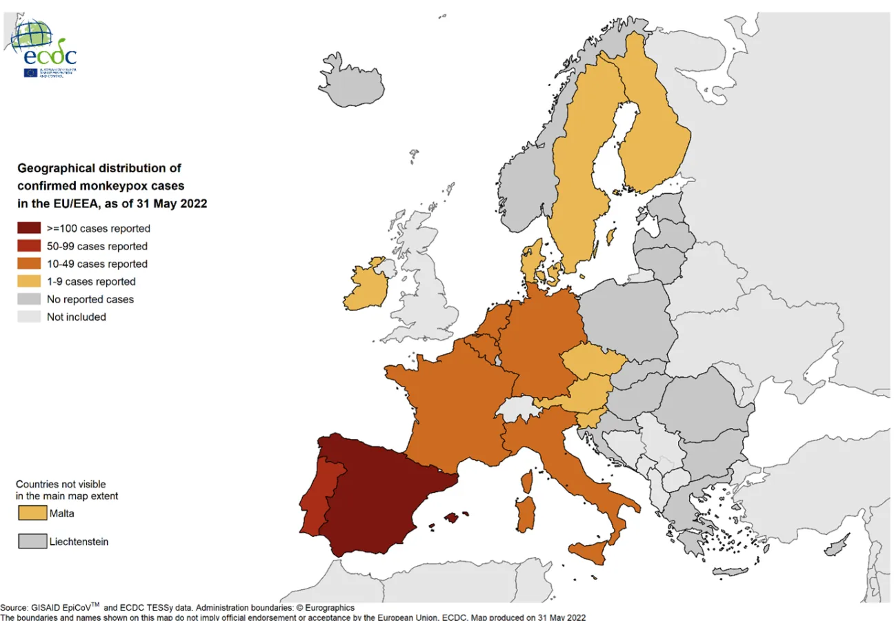 Geographical distribution of confirmed cases of MPX in EU/EEA countries, as of 31 May 2022