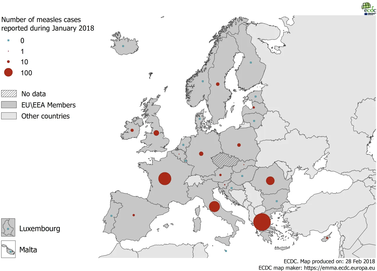 Distribution of measles cases by country, January 2018 in EU/EEA countries