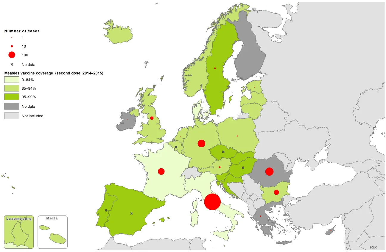 Measles vaccination coverage, second dose, 2014-2016, and number of cases, May 2017