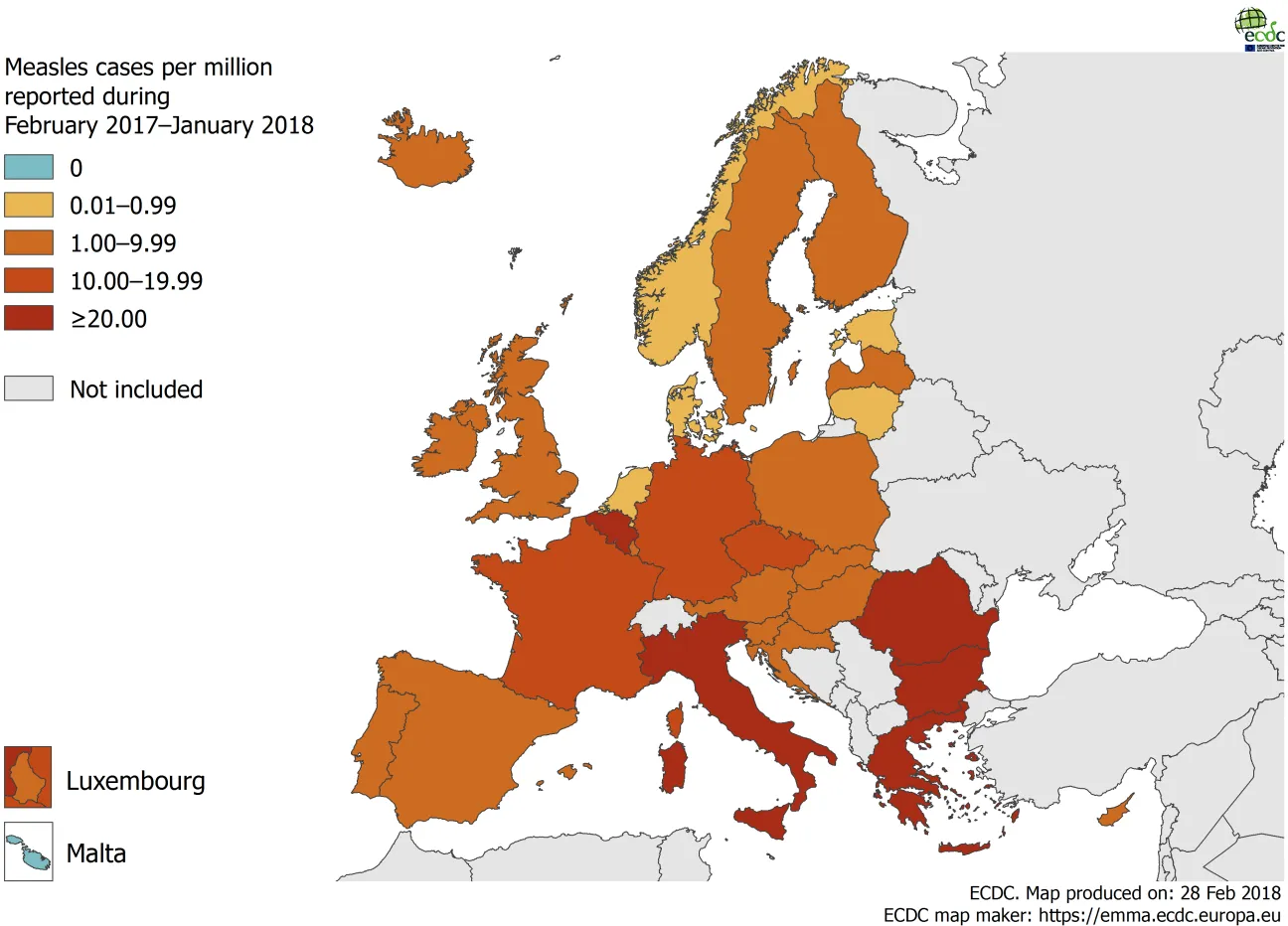 Measles notification rate per million population by country, 1 February 2017 – 31 January 2018, EU/EEA countries