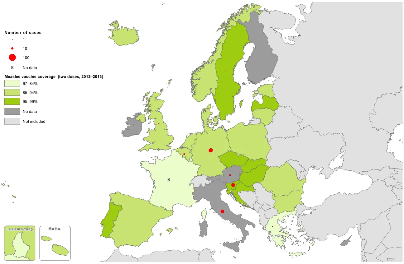 Measles vaccination coverage, two doses, 2012–13, and number of cases, November 2014