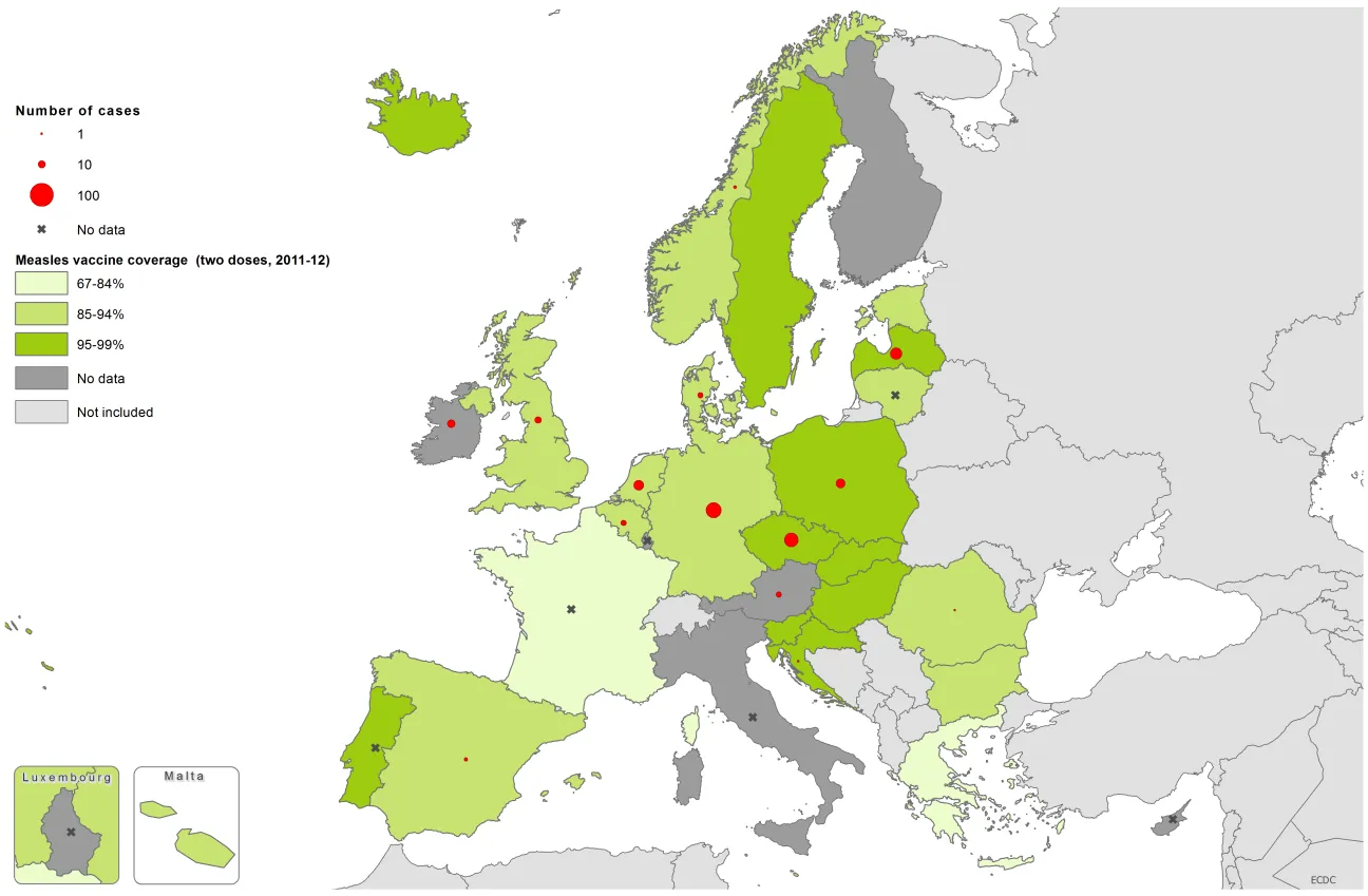 Measles vaccination coverage, two doses, 2011–12, and number of cases, April 2014