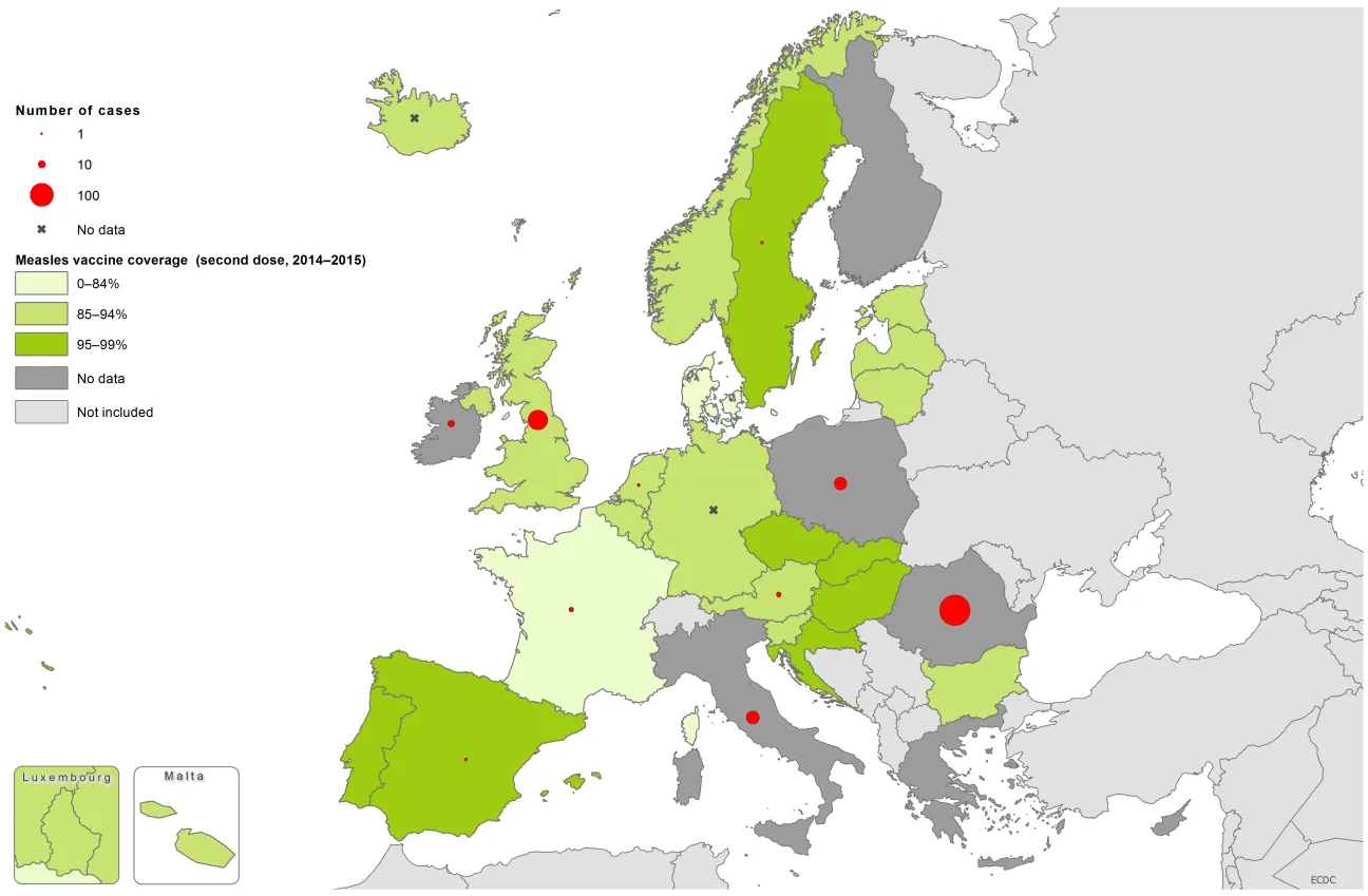 Measles vaccination coverage, second dose 2013-14, and the number of cases, August 2016