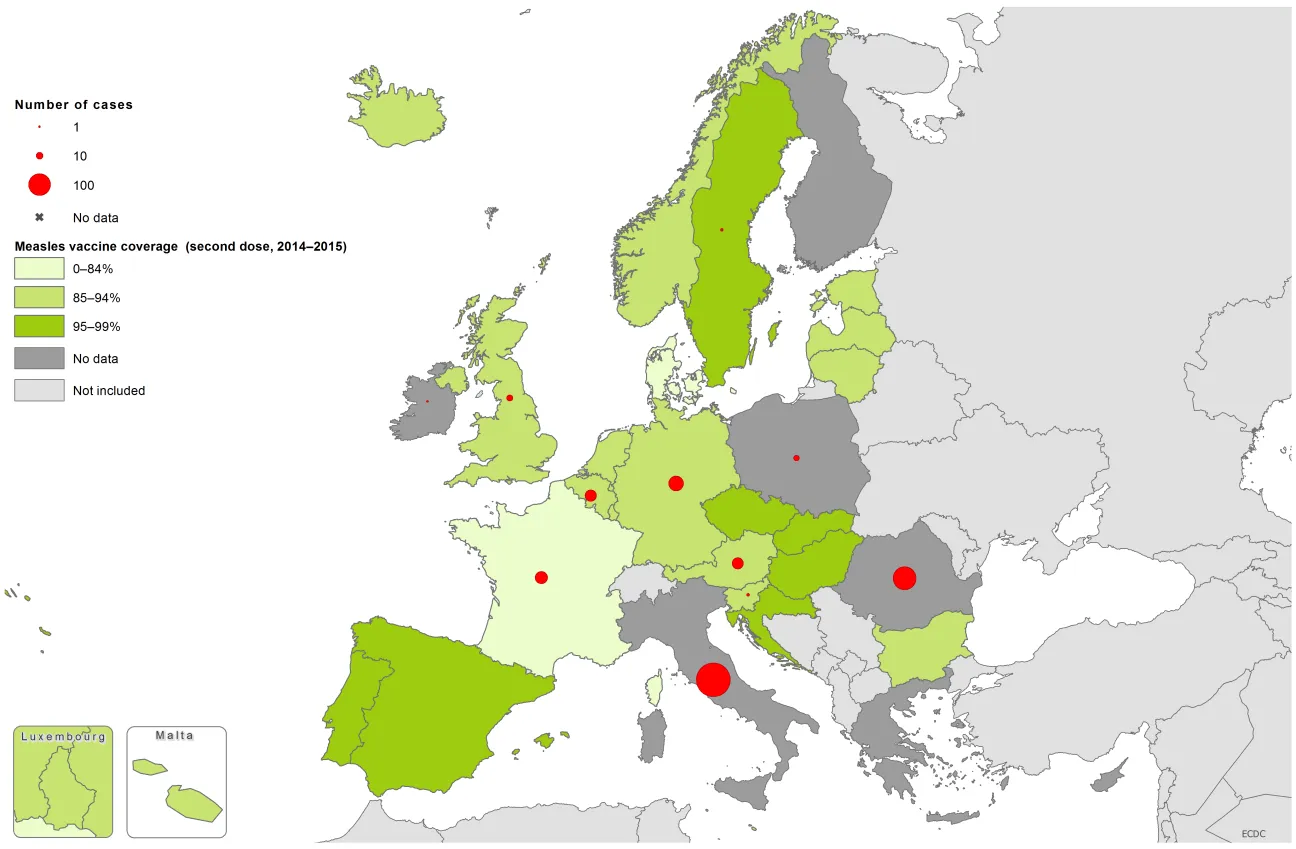 Measles vaccination coverage, second dose 2014-15, and the number of cases, January 2017