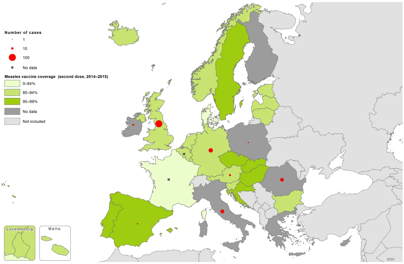 Measles vaccination coverage, second dose 2013-14, and the number of cases, July 2016