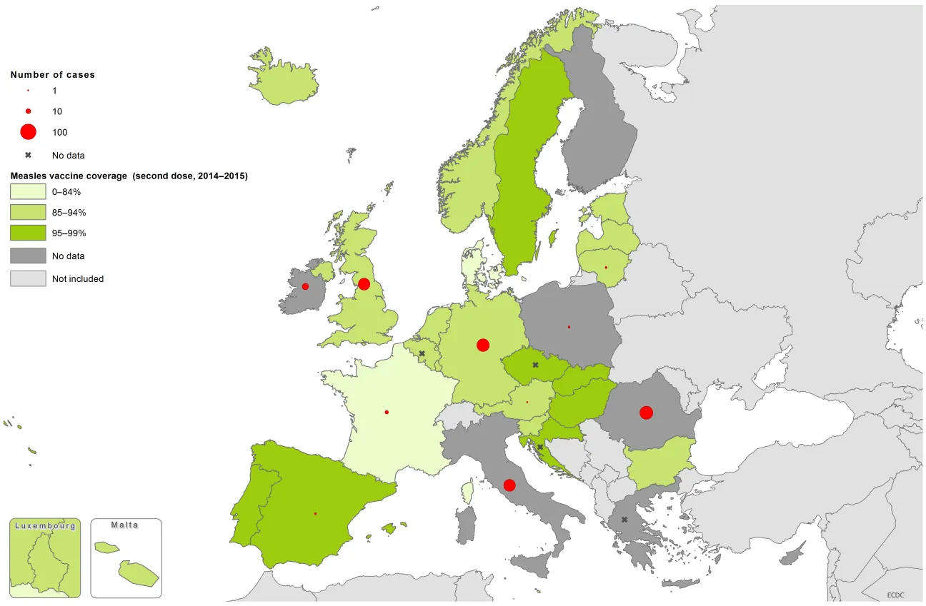 Measles vaccination coverage, second dose, 2013-14, and number of cases, June 2016