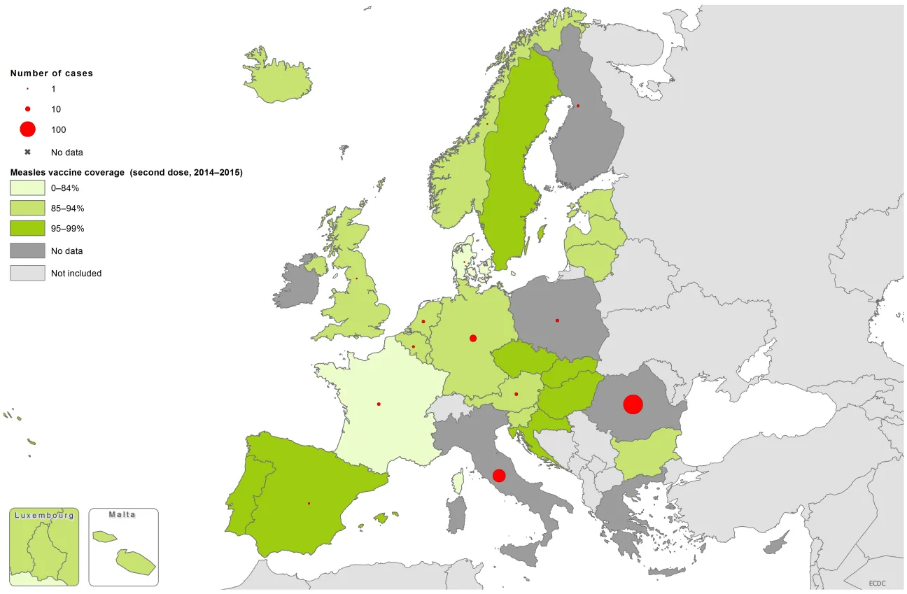Measles vaccination coverage, second dose 2014-15, and the number of cases, December 2016 