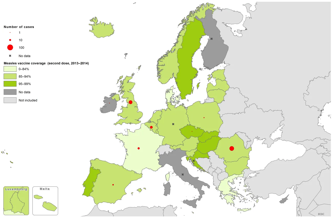 Measles vaccination coverage, second dose, 2013-2014, and number of cases March 2016