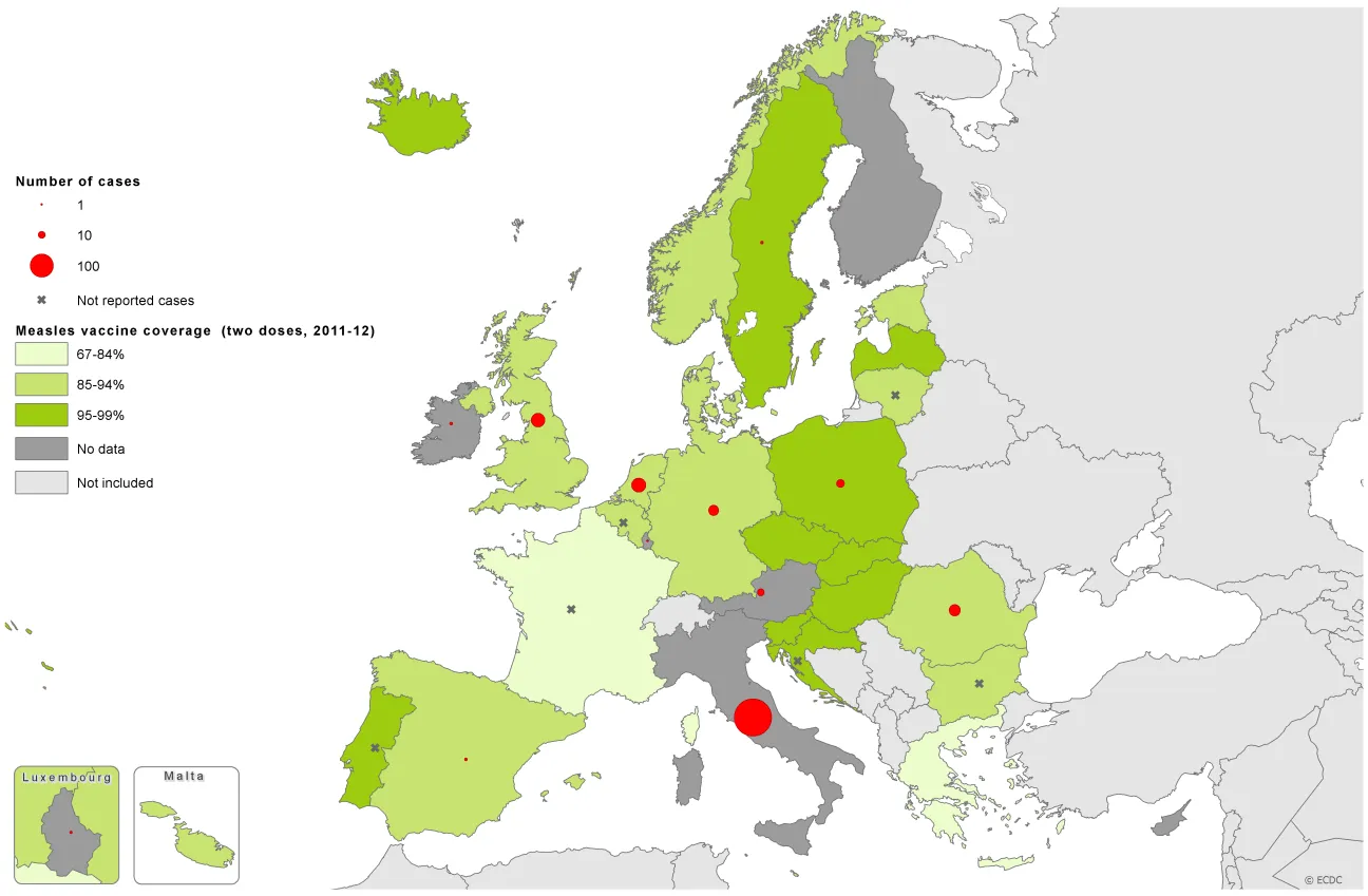 Measles vaccination coverage, second dose 2011-12, and the number of cases, January 2014 