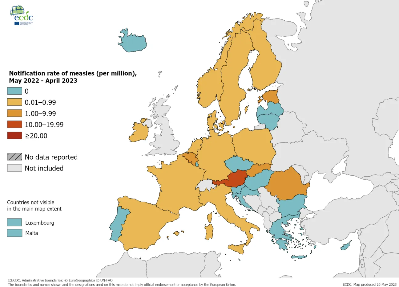 Notification rate of measles (per million), May 2022 - April 2023
