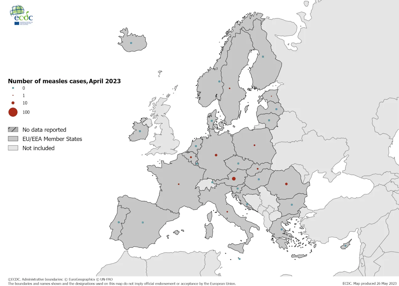 Number of measles cases by country, April 2023