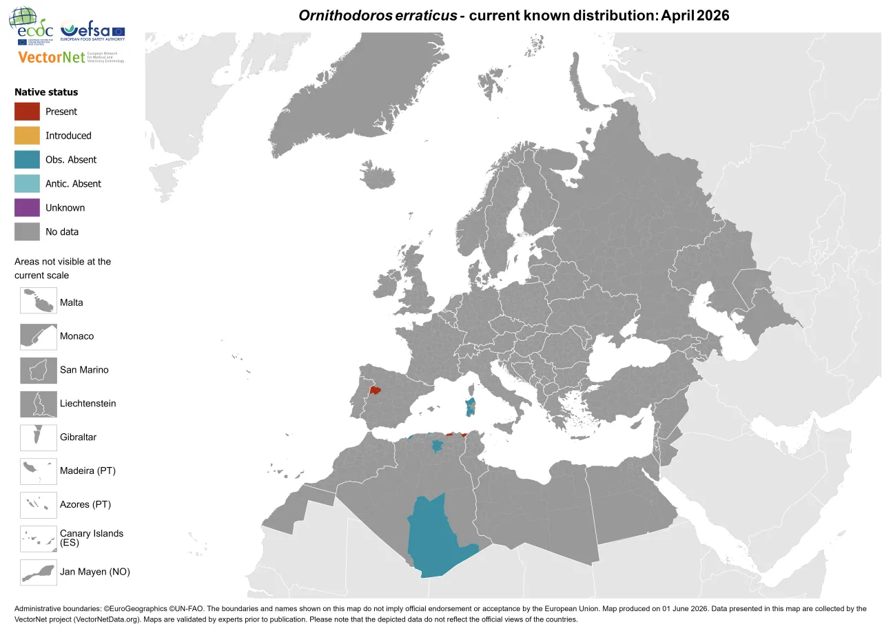 Ornithodorus erraticus - current known distribution: April 2026.png