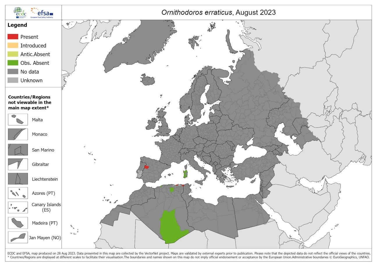 Ornithodorus erraticus - current known distribution: August 2023