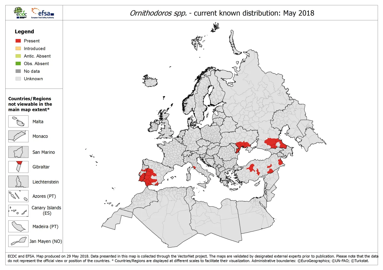 Map showing the current known distribution of Ornithodoros spp. ticks in Europe as of May 2018