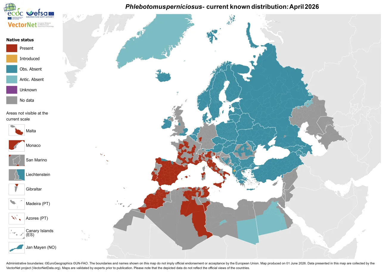 Phlebotomus perniciosus - current known distribution: April 2026