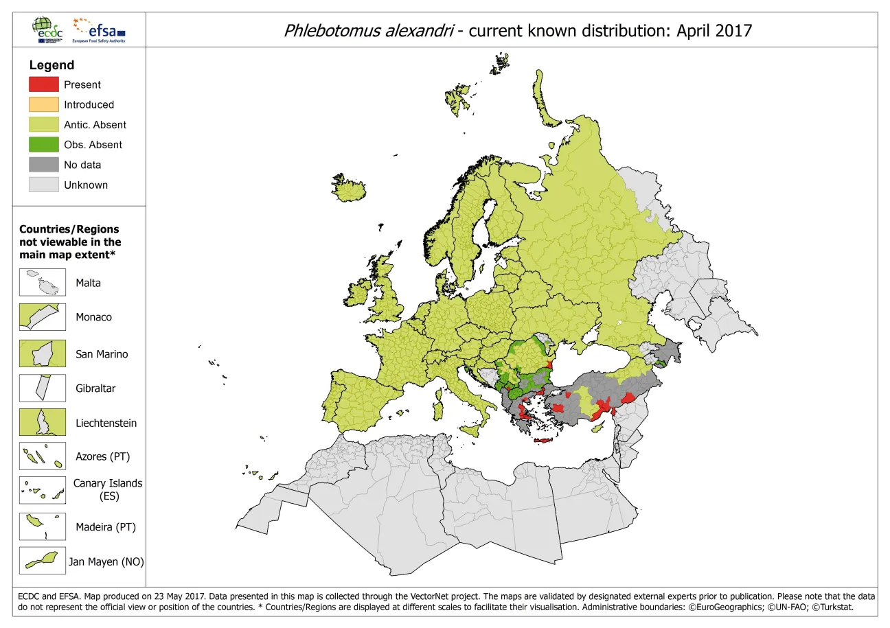 Map showing the distribution of Phlebotomus alexandri ticks in Europe, as of April 2017