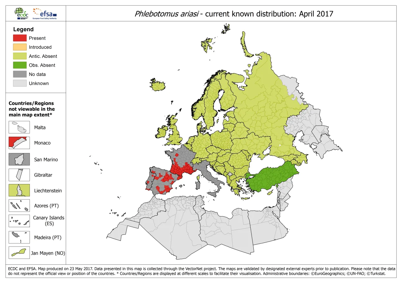 Map showing the distribution of Phlebotomus ariasi ticks in Europe, as of April 2017