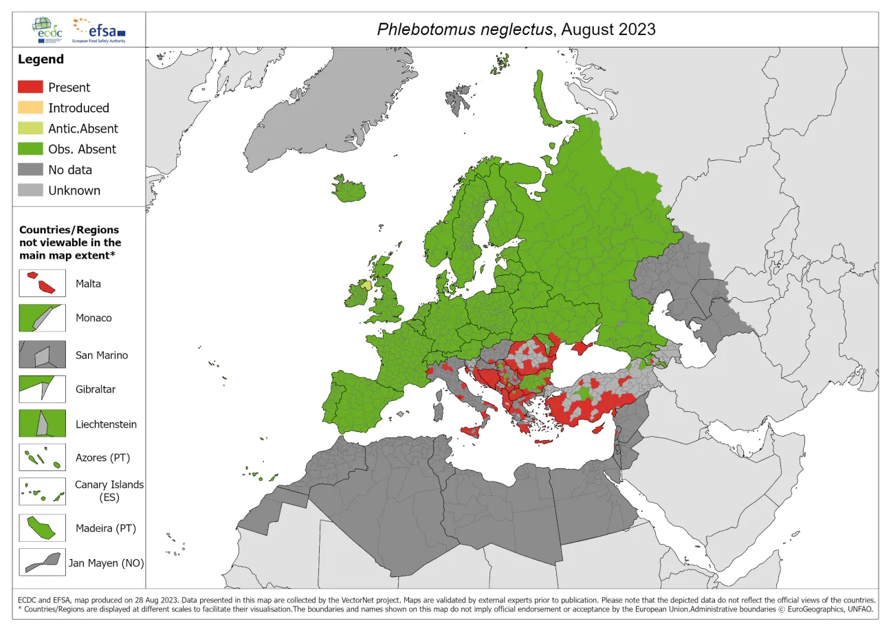 Phlebotomus neglectus - current known distribution: August 2023