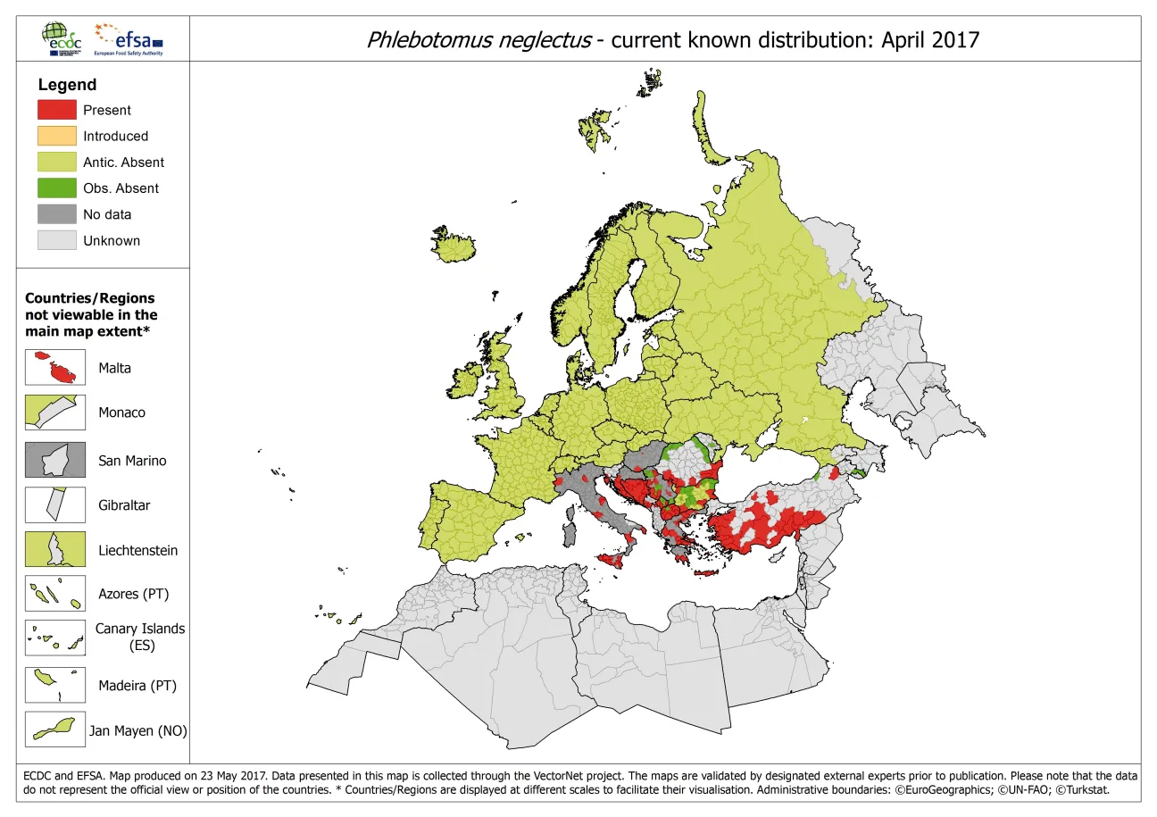 Map showing the distribution of Phlebotomus neglectus ticks in Europe, as of April 2017