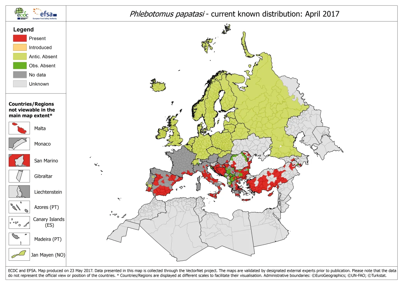 Map showing the distribution of Phlebotomus papatasi ticks in Europe, as of April 2017