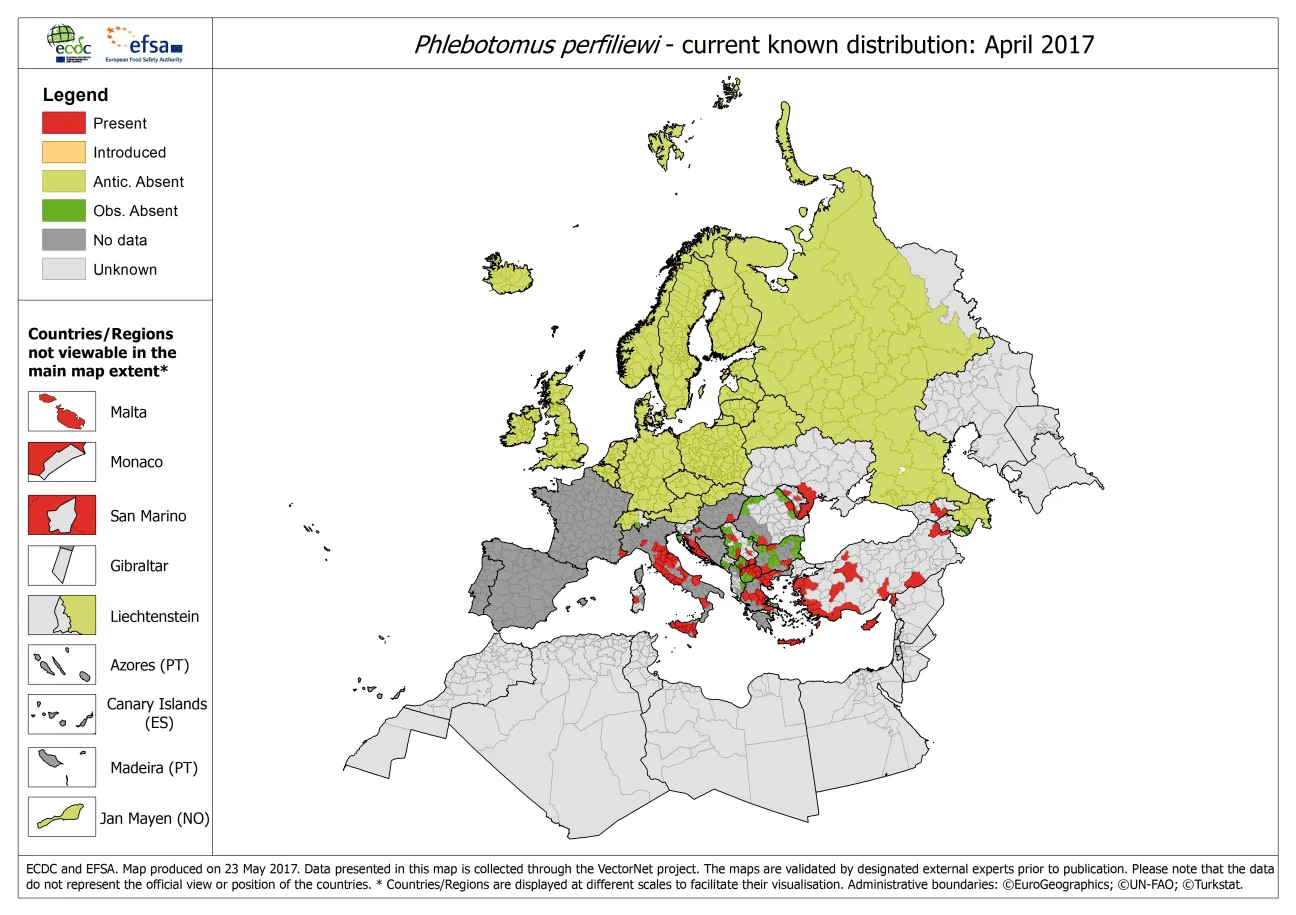 Map showing the distribution of Phlebotomus perfiliewi ticks in Europe, as of April 2017