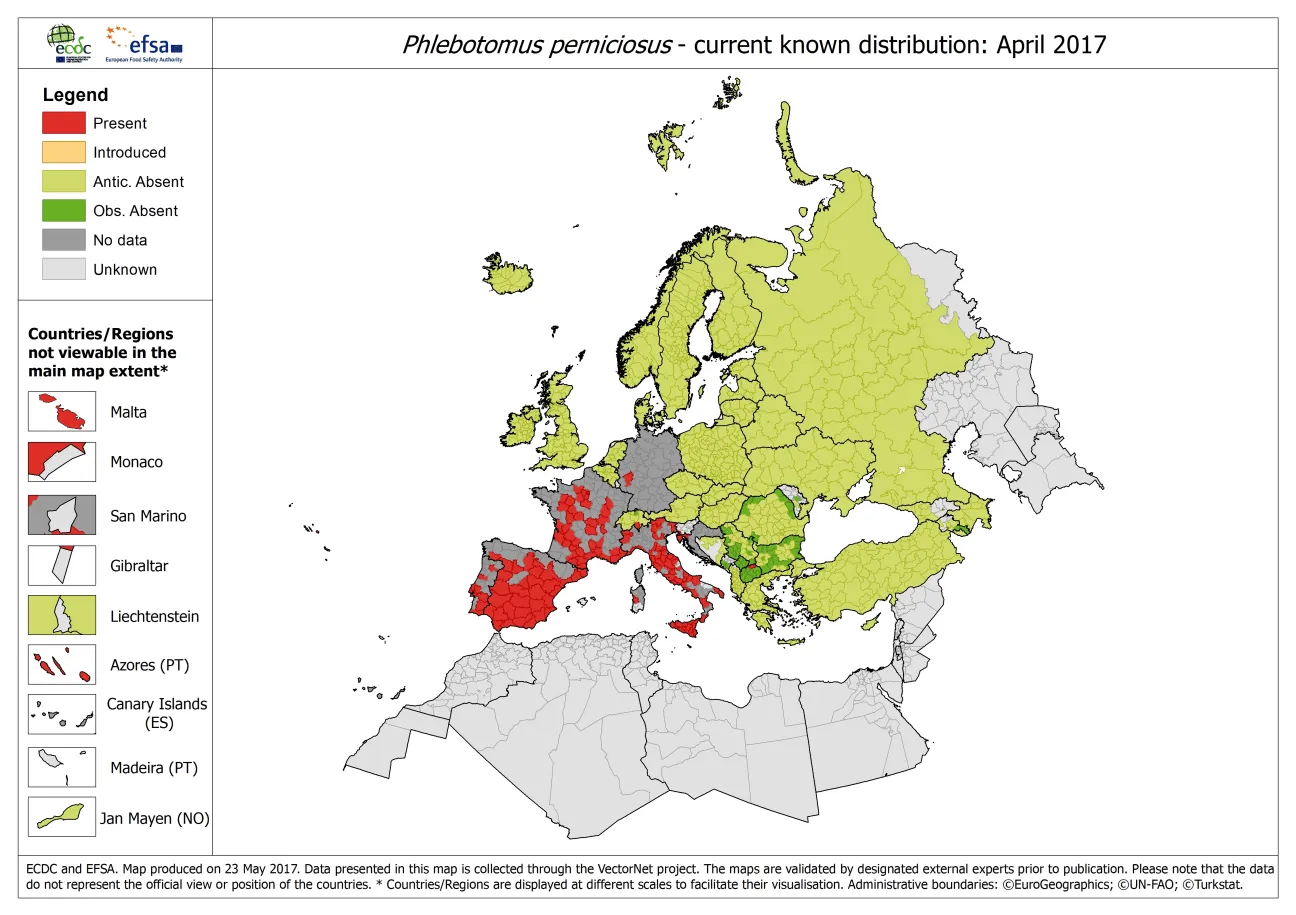 Map showing the distribution of Phlebotomus perniciosus ticks in Europe, as of April 2017