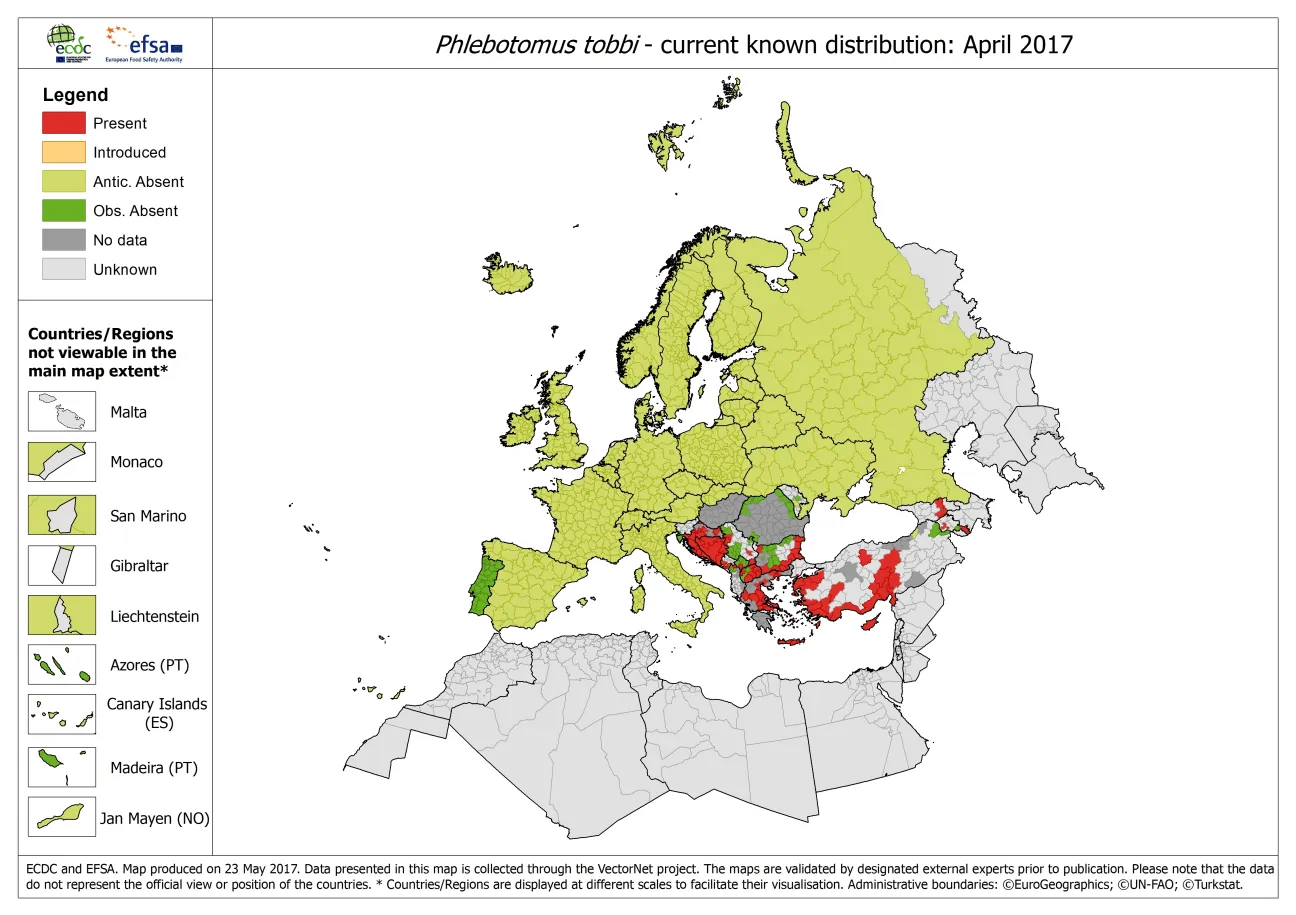 Map showing the distribution of Phlebotomus tobbi ticks in Europe, as of April 2017