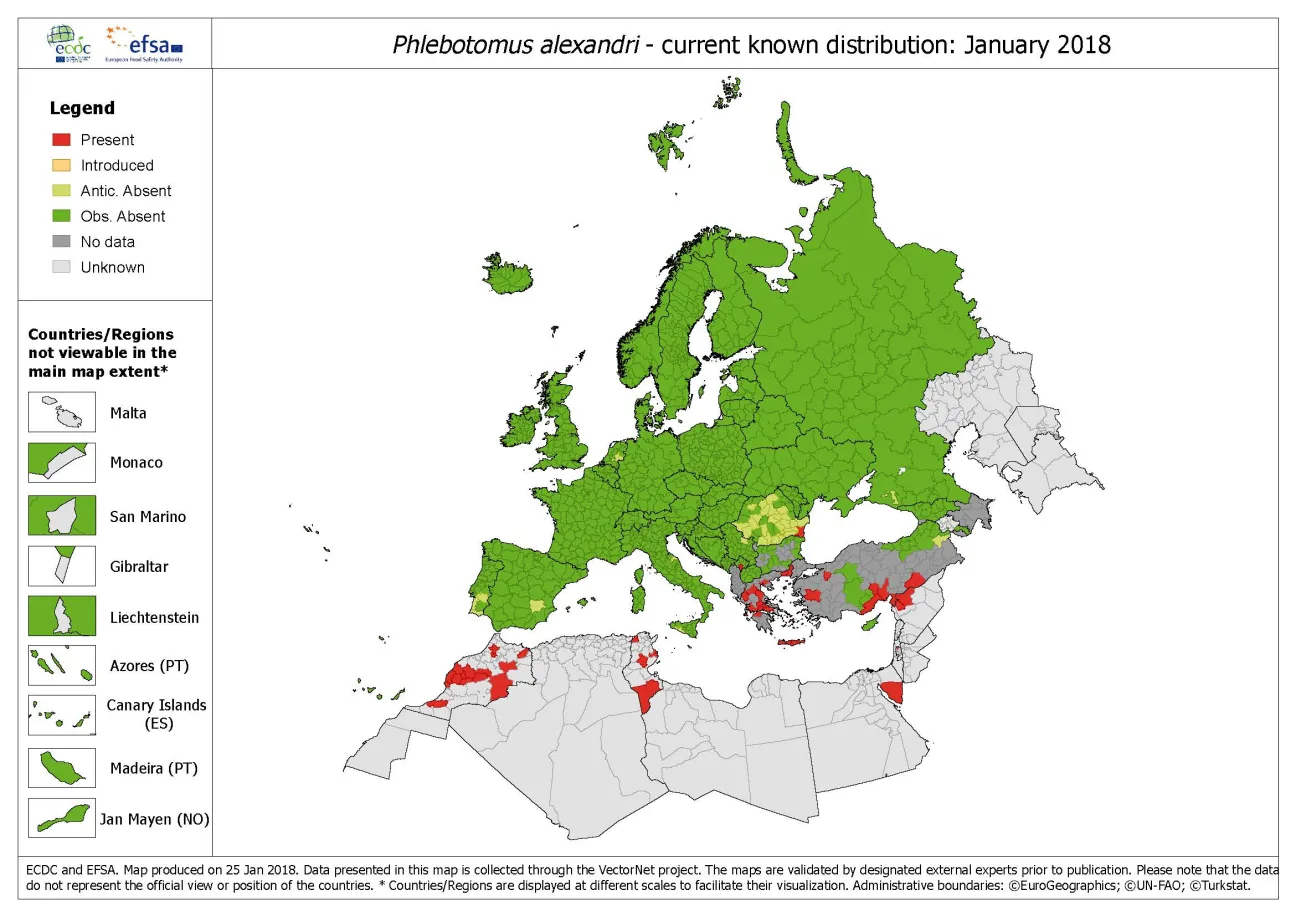 Phlebotomus alexandri - current known distribution in Europe, January 2018